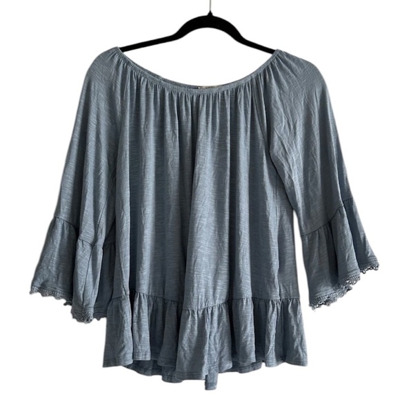 Style & Co Blue Fog Tiered Hem 3/4 Sleeve Bell Flare Top - Picture 1 of 2
